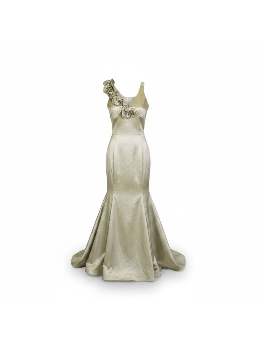 La Scala Womens Gold One Shoulder Gown With Floral Detail Size M